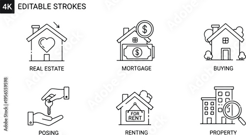 Hand-drawn editable real estate and mortgage icons set with home buying, renting, and property investment concepts