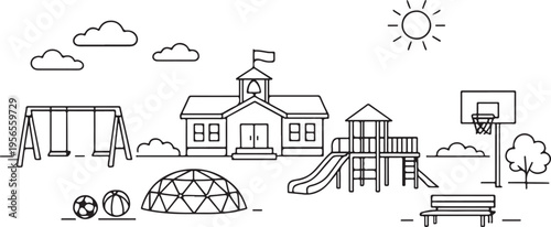 School Playground Minimal Line Art Vector Children Play Area Park Scene Outdoor Fun Education Theme Clean Illustration