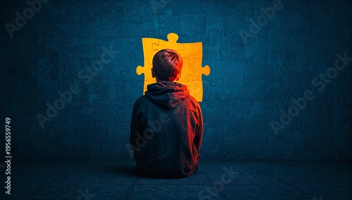 A young boy sits facing a large illuminated jigsaw puzzle piece suggesting a problem or mystery