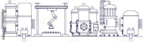 Semiconductor Chip Manufacturing Plant Line Art Vector Illustration – Microchip Production Facility Sketch
