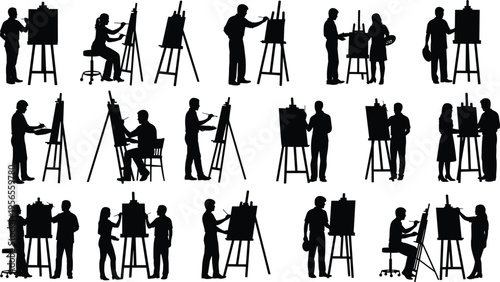 Artists painting silhouettes set, people drawing on easels with brushes and canvas, creative studio collection, isolated black figures, art concept