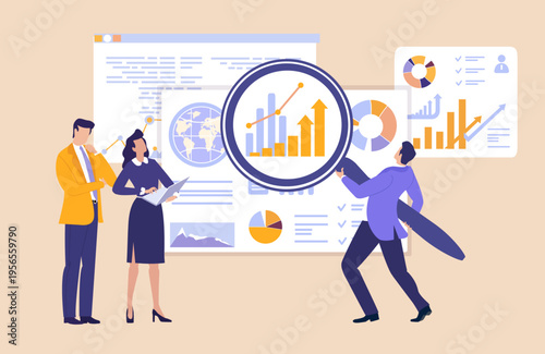 A businessman using a large magnifying glass on a projection screen to reveal information, symbolizing data analysis, investigation, research, attention to detail, and business intelligence in a corpo