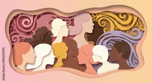 Paper cut style women empowerment illustration, diverse female silhouettes in layered paper craft art, international women's day banner with floral swirls