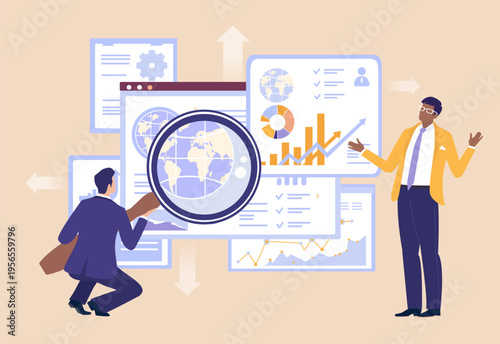 A businessman using a large magnifying glass on a projection screen to reveal information, symbolizing data analysis, investigation, research, attention to detail, and business intelligence in a corpo