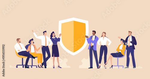 Group of technical business professionals standing next to a large shield symbolizing data protection, cybersecurity, digital security, privacy, and safe information management 