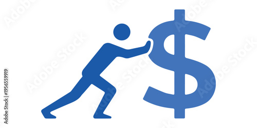 Concept of financial effort, man pushing large dollar sign symbol, inflation struggle and wealth management icon