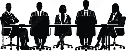 Business meeting silhouettes set, corporate team sitting at conference table, professional discussion and leadership scene, isolated black figures, office concept