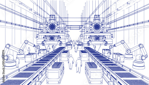 Semiconductor Chip Manufacturing Plant Line Art Vector Illustration – Microchip Production Facility Sketch