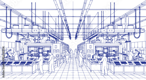 Semiconductor Chip Manufacturing Plant Line Art Vector Illustration – Microchip Production Facility Sketch