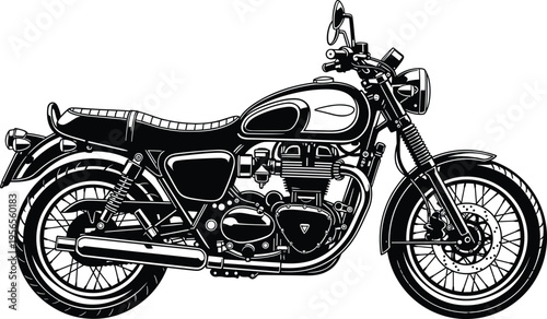 WebVintage cafe racer motorcycle vector illustration, classic retro motorbike silhouette, black and white scrambler bike with engine detail, garage design