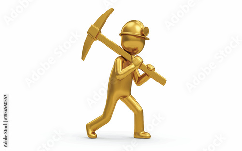 Gold man wearing mining helmet holding pickaxe on white background