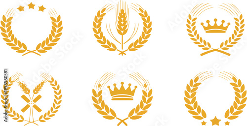 Wheat Grain Logo Vector Set with Cereal Frames, Barley Ears, Farm Product Labels, Bakery Emblems, Decorative Crowns and Stars