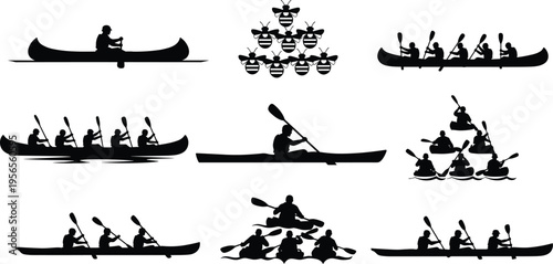 Canoe and kayak silhouettes set, paddling people and team rowing poses, water sport collection, isolated black figures, outdoor adventure concept