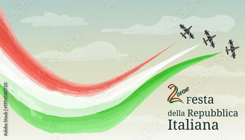 Italian Air Force planes celebrating Italy Republic Day, Military jet parade fighters planes releasing colors white, green and red smoke