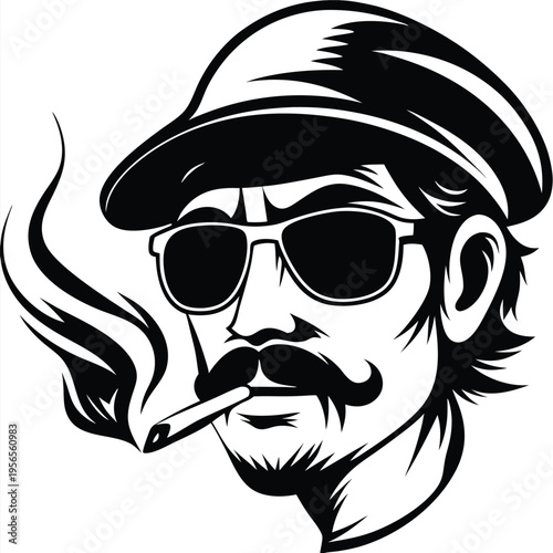A serious man with a hat smokes while wearing sunglasses and sporting a mustache