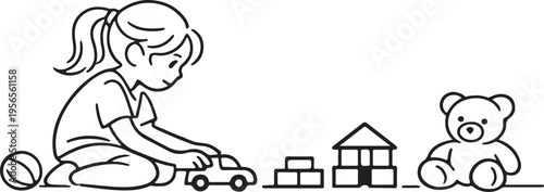 Baby Playing With Toy Minimal Line Art Vector Cute Child Activity Fun Playtime Innocent Childhood Illustration Simple