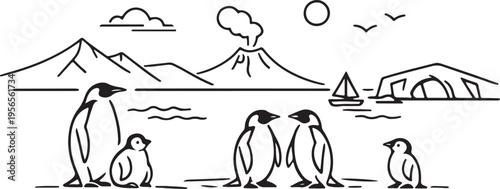 Penguins In Iceland Minimal Line Art Vector Polar Animals Ice Landscape Nature Wildlife Simple Outline Design