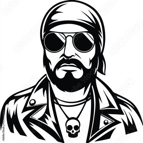 Bearded Caucasian biker wearing a bandana, sunglasses, leather jacket, and skull necklace looks forward