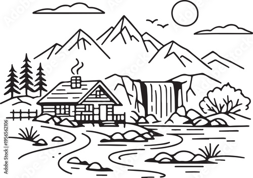 Mountain Cottage Minimal Line Art Vector Cabin House Nature Landscape Cozy Home Simple Outline Illustration Scenic