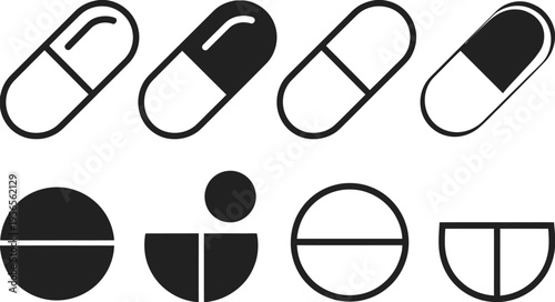 Medicine pills icon set, capsule icons, healthcare and treatment symbols, medicine and drug vector illustrations, minimal clean design