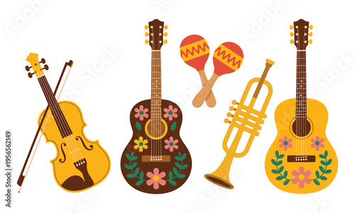 Diverse musical instruments including a violin, two guitars, a trumpet, and traditional maracas