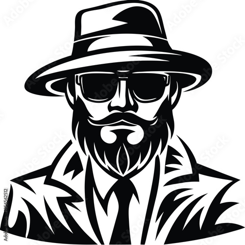 Bearded man in a hat and sunglasses shows a stern expression in black silhouette