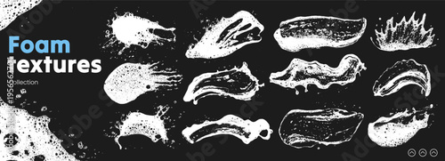 Overlay soap foam swathes textures. Transparent shower bubbles and clean effect as a png. Kit of grunge elements. Clipart pack. Transparency editable soap bubble brush stroke layout texture.