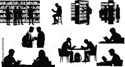 Library reading silhouettes set, students studying with bookshelves and desks, education and learning collection, isolated black figures, knowledge and academic concept
