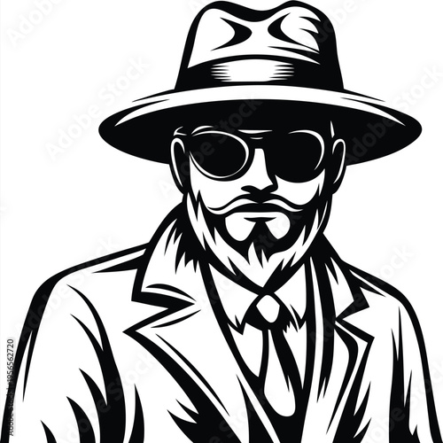 Bearded man in hat and sunglasses wearing suit shows monochrome classic style