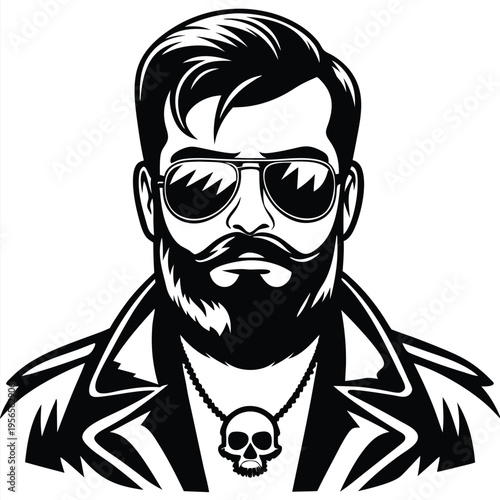 Bearded man in leather jacket and skull pendant wears sunglasses in vector