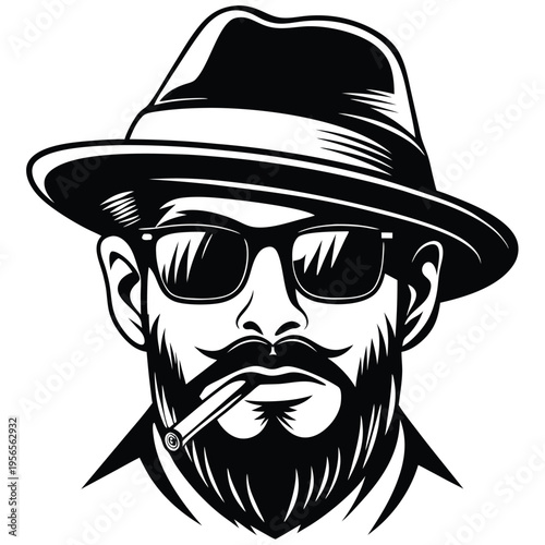 Bearded man in hat with sunglasses smoking a cigarette exudes classic cool