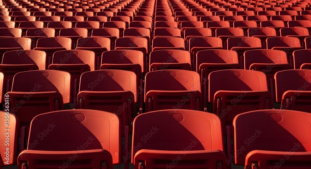 Fototapeta premium Rows of empty red stadium seats bathed in warm golden hour sunlight creating a serene atmosphere