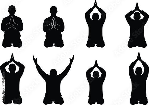 Meditation and prayer silhouettes set, kneeling human poses in spiritual practice, yoga and mindfulness collection, isolated black figures, calm and wellness concept