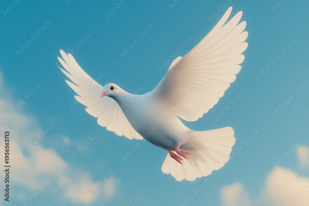 Fototapeta premium White dove flying in blue sky representing peace and freedom