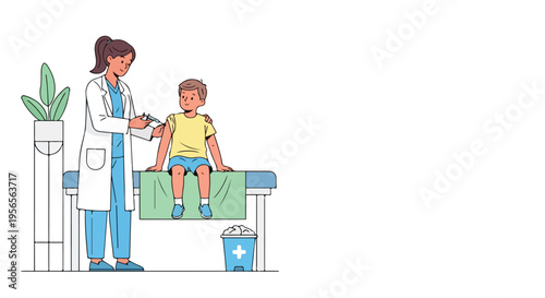 A female doctor administers a vaccination to a young boy on an examination table during World Immunization Week with a plant nearby