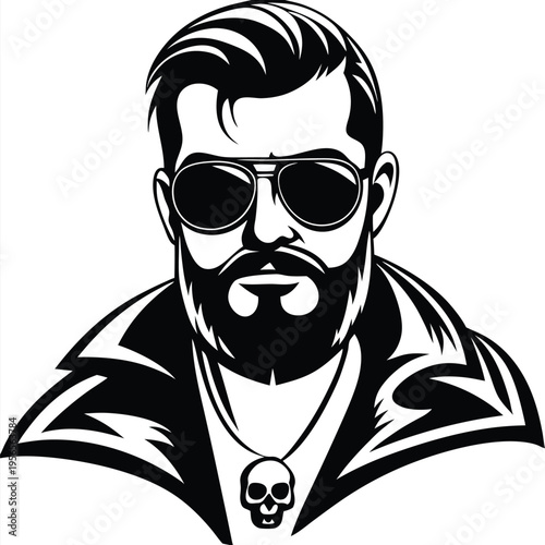 Bearded man wearing aviator sunglasses and skull pendant is outlined in black and white