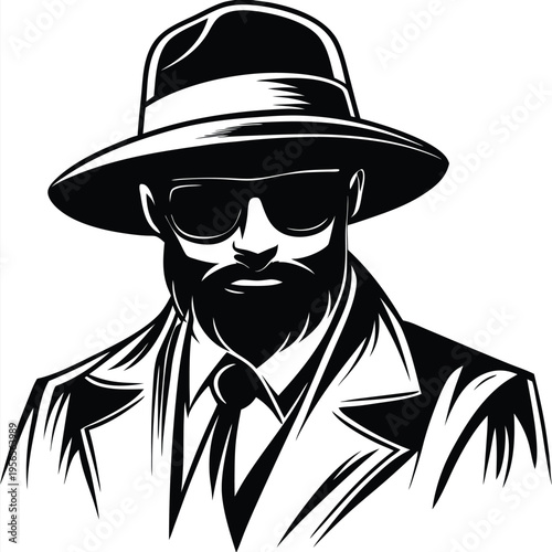 Bearded man wearing dark glasses and hat in black suit looks serious