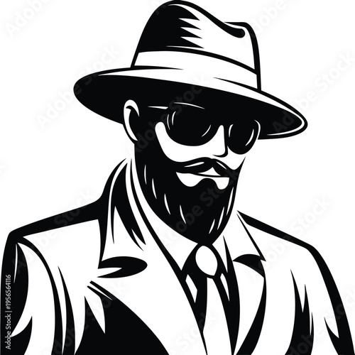 Bearded man wearing fedora, suit and sunglasses, looking down in monochrome style