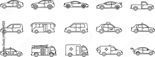 Set of 15 hand-drawn vehicle illustrations in black and white line art for transport design concepts