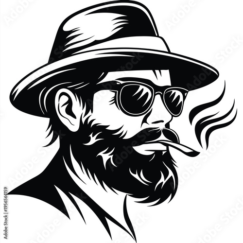 Bearded man wearing hat and sunglasses is smoking a pipe in black and white