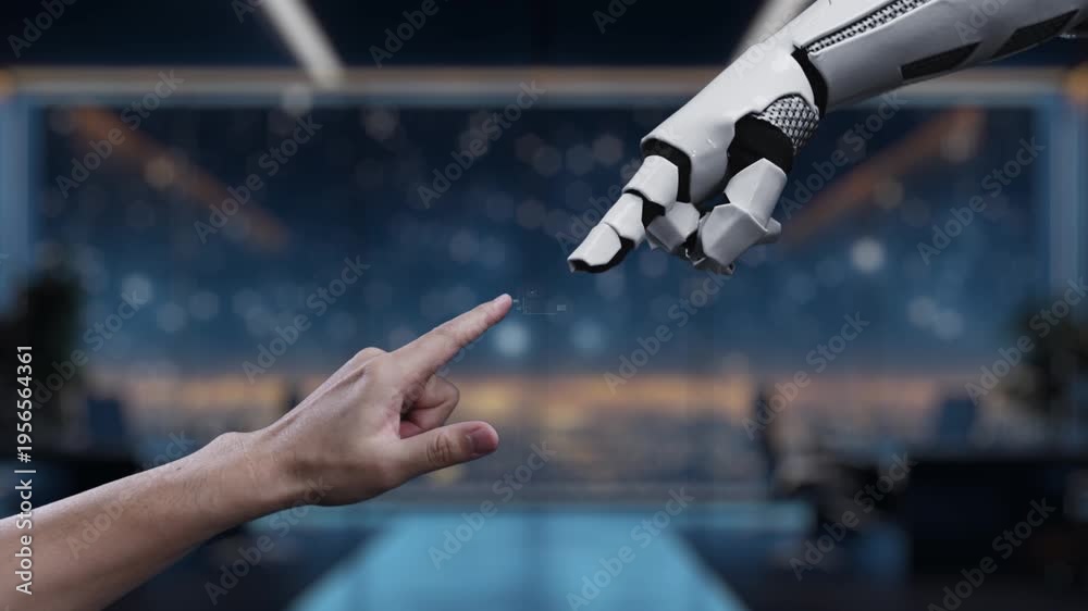 A modern digital workspace showcases a human hand and robotic arm ...