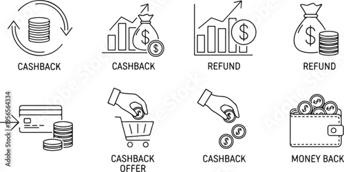 flat design cashback and refund concept with money flow and shopping icons