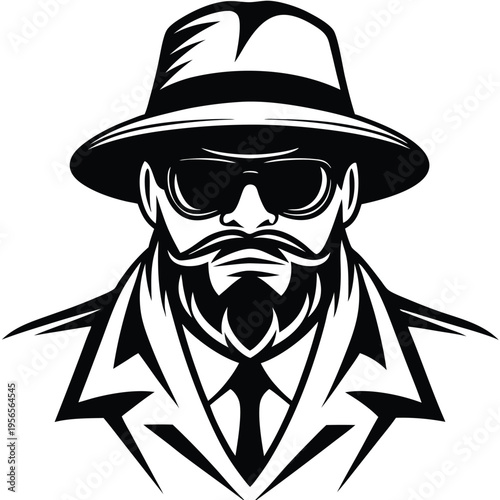 Bearded man wears a fedora, sunglasses, and suit in a striking monochrome