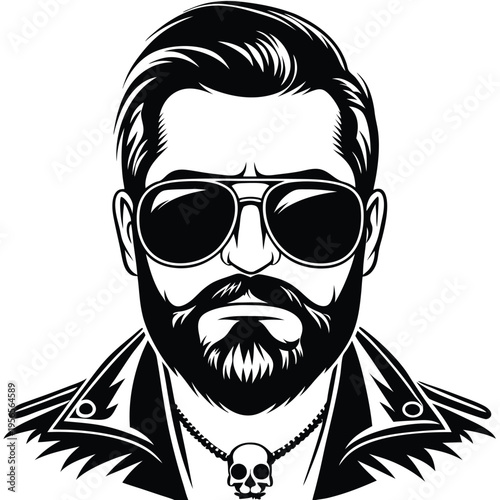 Bearded man wears aviator sunglasses and leather jacket with a skull pendant