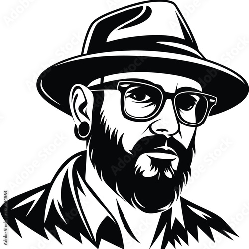 Bearded man with glasses and hat showcases his ear piercing in a black cutout