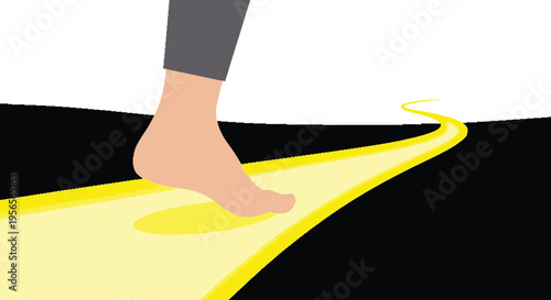 A person's bare foot stepping onto a bright yellow path leading into the distance