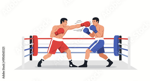 Professional boxing match in outdoor ring with two male athletes