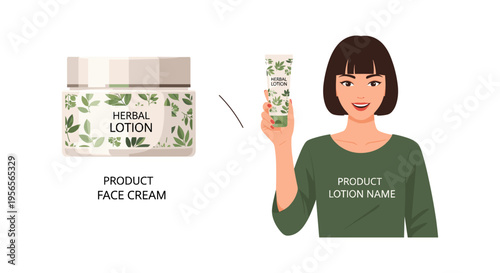 Woman holding tube of herbal lotion in green shirt with product packaging for skincare advertising in natural daylight