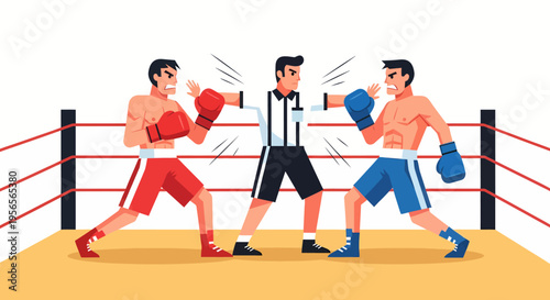 Referee stopping a fight between two intense boxing competitors