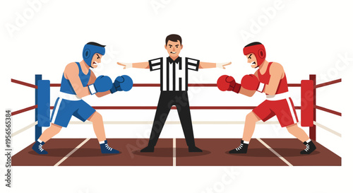 Amateur boxing match with headgear and referee in the ring